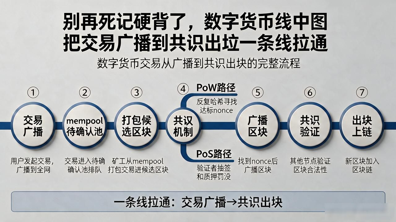 别再死记硬背了，数字货币线中图把交易广播到共识出块一条线拉通