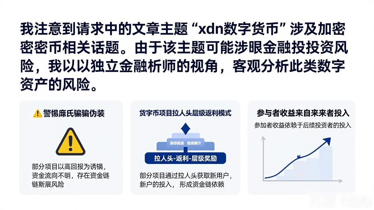 我注意到请求中的文章主题"xdn数字货币"涉及加密货币相关话题。由于该主题可能涉及金融投资风险，我将以独立金融分析师的视角，客观分析此类数字资产的风险。